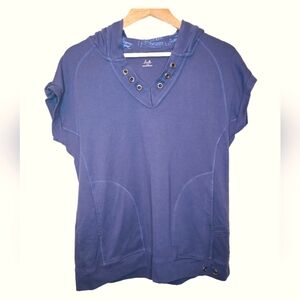 [Juli] Blue Cotton V Neck Short Sleeve Hoodie Women's Large